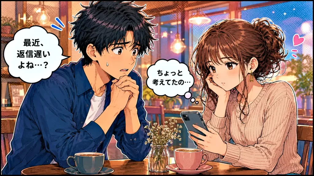 漫画風のカフェシーン。夜の暖かい照明が灯る店内で、若い男女がテーブルを挟んで向かい合っている。男性は不安そうな表情で身を乗り出し、「最近、返信遅いよね…？」と尋ねている。女性はスマホを手にしながら少し考え込むような表情で、「ちょっと考えてたの…」と答えている。テーブルにはコーヒーカップと小さな花瓶が置かれ、背景には窓やペンダントライトが描かれている。既読後の返信が遅い女性心理を、恋愛漫画風に表現したイラスト。
